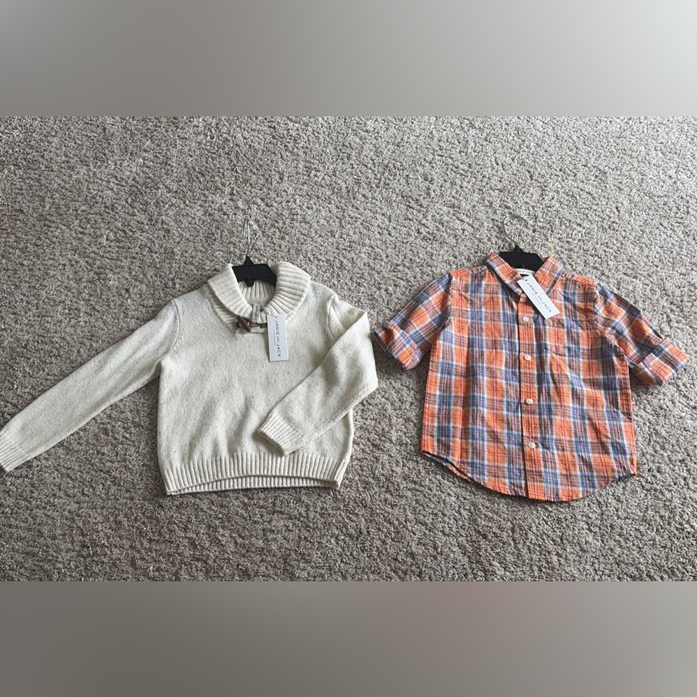 NWT bundle Janie and Jack Cream Sweater and Orange Plaid Shirt Set